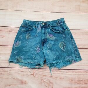 H.I.S. Denim Shorts Womens‎ 26 Blue Painted Leaf High Waisted Frayed Hem Vintage